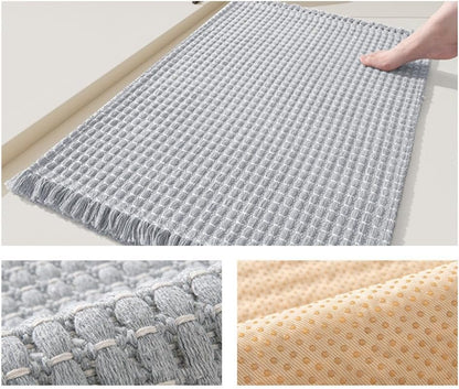 Soft Microfiber Farmhouse Bathroom Rug Washable Kitchen Mats Woven Non Slip Small Bath Mat with Pure Tassels,Tufted Braided Bath Rug for Entryway Doormat Laundry Room(20" X 32",Beige)